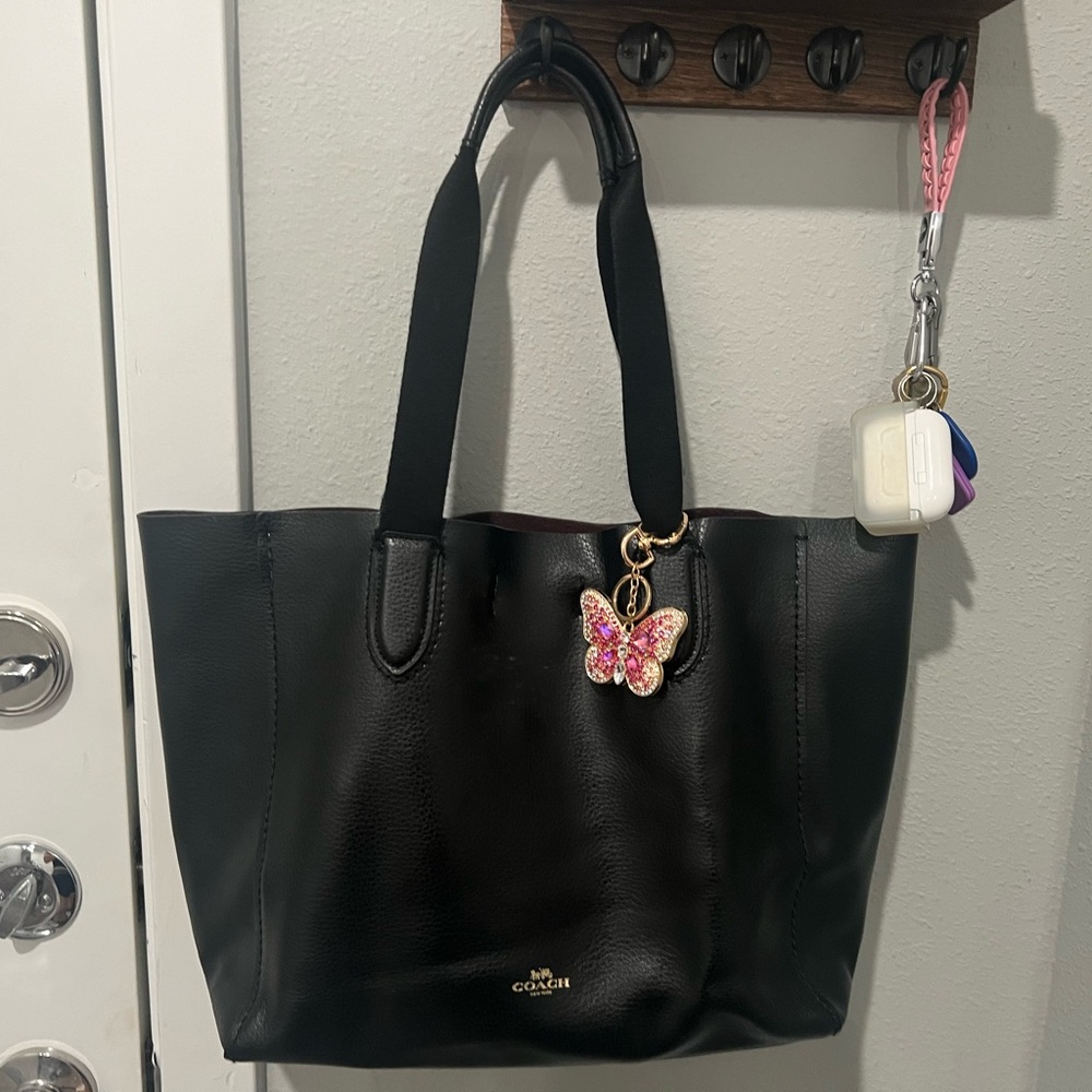 Coach Black Leather Tote with Butterfly Charm